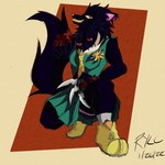 abstract_background anthro bird_of_paradise_(flower) black_body black_fur braided_hair clothing crouching female fingerless_gloves flower fur gloves hair handwear knife plant purple_eyes solo sukeban teeth_showing lazy_ruby jacqueline_sheppa_(dynamitegrizzly) canid canine fox mammal 1:1 hi_res