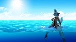 anthro biped blue_eyes breasts camel_toe caustics clothed clothing cloud female nipple_outline outside partially_submerged sky smile solo spikes surfboard underwater vehicle water watercraft waterline_view wetsuit lysergide nintendo pokemon amy_(lysergide) canid generation_4_pokemon lucario mammal pokemon_(species) 2019 digital_media_(artwork)