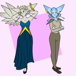 black_eyes blue_body blue_clothing blue_dress blue_eyes blue_skin bottomwear bracelet breasts brown_clothing clothed clothing dress duo ear_piercing feathered_wings feathers female footwear grey_body hair jewelry machine pants piercing plumtific ring shoes simple_background smile white_body wings isi_avalibot humanoid 1:1 hi_res