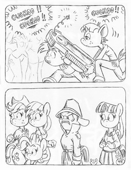 angry annoyed anthro back_wings bottomwear clock clothed clothed_anthro clothed_female clothed_male clothing coat cowboy_hat cuckoo_clock curled_tail cutie_mark detective eyelashes facial_hair female fluffy fluffy_hair freckled_face freckles fully_clothed fully_clothed_anthro fully_clothed_female fully_clothed_male group hair hat headgear headwear holding_object horn male mustache poofy_hair running shirt shorts skirt spandex spandex_shorts sweater sweater_vest tail tank_top text tight_bottomwear tight_clothing tight_shorts topwear trenchcoat unicorn_horn vest wings circe_(artist) friendship_is_magic hasbro my_little_pony mythology pink_panther_(series) applejack_(mlp) inspector_jacques_clouseau pinkie_pie_(mlp) rainbow_dash_(mlp) snails_(mlp) snips_(mlp) earth_pony equid equine horse mammal mythological_creature mythological_equine pegasus pony unicorn winged_unicorn black_and_white comic english_text monochrome traditional_media_(artwork)