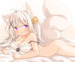 blush bottomless bra breasts butt clothed clothing female hair purple_eyes solo underwear white_hair minato_yuu animal_humanoid canid canid_humanoid canine canine_humanoid fox_humanoid humanoid mammal mammal_humanoid 2020 hi_res