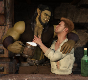 abs arm_around_neck arm_hair beard big_muscles black_hair body_hair bottomwear brown_hair caressing chest_hair clothed clothing duo eye_contact facial_hair green_body hair hairy hand_on_chest happy_trail holding_partner human_on_humanoid humanoid_pointy_ears interspecies intimate larger_humanoid larger_male looking_at_another male male/male muscular muscular_humanoid muscular_male navel open_clothing open_topwear open_vest pants pointy_ears romantic romantic_couple size_difference smaller_human smaller_male topwear tusks vest silverjay human humanoid mammal orc 3d_(artwork) digital_media_(artwork) hi_res
