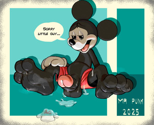 3_toes anthro bodily_fluids cum duo ejaculation erection extreme_size_difference feet foot_fetish foot_focus genital_fluids genitals macro male male/male masturbation micro musky_feet penis penis_poking_out size_difference soles speech_bubble sweat sweaty_feet text toes mrpunkmorph disney mickey_mouse humanoid mammal mouse murid murine rodent absurd_res english_text hi_res