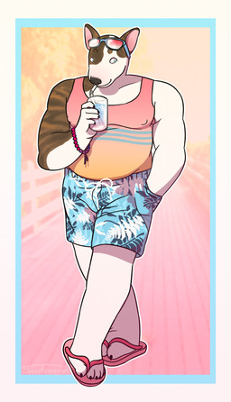 anthro beverage biped bisexual_pride_colors blue_border border bracelet claws clothing detailed_background drinking_straw eyewear flip_flops floral_print footwear fur gradient hand_in_pocket jewelry lgbt_pride male muscular muscular_anthro muscular_male nipple_outline outside pockets pride_colors sandals shirt shoes slightly_chubby slightly_chubby_male smile solo summer sunglasses swimming_trunks swimwear tank_top toe_claws topwear tropical white_body white_border white_fur 5bluetriangles bull_(5bluetriangles) bull_terrier canid canine canis domestic_dog hunting_dog mammal terrier absurd_res cel_shading digital_media_(artwork) full-length_portrait hi_res portrait shaded signature