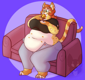 anthro big_breasts biped bottomwear breasts clothed clothed_anthro clothed_female clothing eating eyewear female female_anthro food fur furniture glasses green_eyes hair happy heart_button markings midriff multi_nipple nipples obese obese_anthro obese_female on_sofa open_bottomwear open_clothing open_pants orange_hair orange_markings overweight overweight_anthro overweight_female pants pizza round_glasses sitting sitting_on_sofa sofa solo spots spotted_body spotted_fur striped_markings striped_tail stripes tail tail_markings unbuttoned yellow_body yellow_fur strawberrymilkdog felid leopard mammal pantherine 2021 absurd_res hi_res watermark
