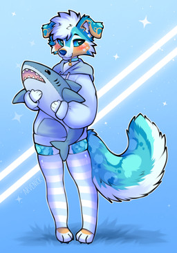 anthro blue_background blue_body blue_clothing blue_coat blue_collar blue_fur blue_legwear blue_thigh_highs blue_topwear blush blushing_at_viewer cheek_tuft clothing coat collar collar_tag facial_tuft female fluffy fluffy_tail fur hair holding_object holding_plushie legwear plushie shark_plushie simple_background sky_blue_fur solo tail tan_body tan_fur thigh_highs topwear tuft white_body white_fur white_hair arvenick ikea blahaj summer_shore_(kory_the_fox) canid canine canis domestic_dog mammal hi_res