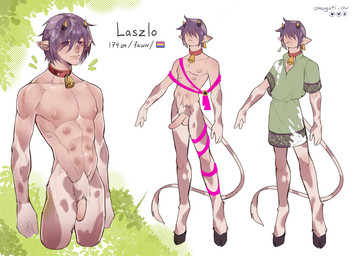 athletic athletic_male balls biped clothing erection flaccid foreskin genitals hooves male nipples penis solo standing unretracted_foreskin omogoti_ow laszlo_(omogoti_ow) animal_humanoid faun humanoid mammal absurd_res hi_res model_sheet maleherm_(lore)