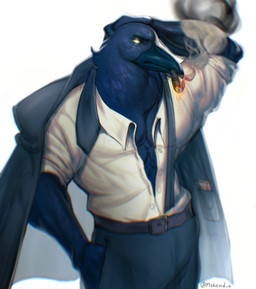 abs anthro arms_bent beak belt belt_buckle black_clothing black_coat black_necktie black_topwear blue_beak blue_belt blue_body blue_bottomwear blue_clothing blue_eyebrows blue_feathers blue_pants bottomwear buckle button_(fastener) cigar cigar_in_mouth cigar_smoke closed_beak clothed clothed_anthro clothed_male clothing coat eyebrows feathers fingers fully_clothed fully_clothed_anthro fully_clothed_male glowing glowing_eyes grey_sclera hand_behind_head hand_in_pocket light looking_at_viewer male male_anthro money muscular muscular_anthro muscular_male necktie no_pupils object_in_mouth open_dress_shirt pants pecs pockets simple_background smoke solo standing text topwear white_background white_dress_shirt mskend_a avian bird corvid corvus_(genus) crow oscine passerine 2024 artist_name colored digital_drawing_(artwork) digital_media_(artwork) english_description half-length_portrait hi_res lighting portrait shaded
