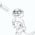 4_fingers anthro breasts camel_toe clothed clothing disembodied_hand duo eyewear female fingers food glasses grin holding_food holding_object nipples pawpsicle popsicle simple_background smile solo_focus swimwear topless topless_female undressing thermite disney zootopia sam_(zootopia) mammal mustelid otter 1:1 2023 digital_drawing_(artwork) digital_media_(artwork) monochrome