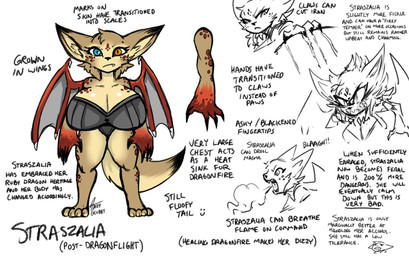 anthro big_breasts blue_eyes breasts breath_powers brown_body brown_fur claws cleavage clothed clothing elemental_manipulation facial_markings female fire fire_breathing fire_manipulation fur head_markings heterochromia huge_breasts markings multicolored_body multicolored_fur orange_eyes scale_markings scales shortstack shortstack_female solo tan_body tan_fur text thick_thighs topwear wide_hips glubtastic blizzard_entertainment mythology warcraft straszalia_(glubtastic) canid canine dragon fox hybrid mammal mythological_creature mythological_scalie scalie vulpera 2024 english_text model_sheet signature