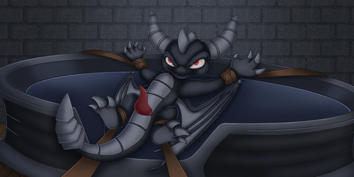 2_horns 3_toes 4_fingers animal_genitalia animal_penis back_wings bdsm black_body black_scales bondage bound brick brick_wall captured claws cloaca cloacal_penis countershading detailed_background erection feet feral finger_claws fingers floor folded_wings genitals grey_body grey_claws grey_countershading grey_horn horizontal_cloaca horn light_bondage lying male membrane_(anatomy) membranous_wings multicolored_body on_back penis pupils red_eyes scales solo spread_arms spread_legs spreading tail tapering_penis tapering_tail toe_claws toes two_tone_body ventral_scales wall_(structure) wings wood wood_floor young cyadical activision european_mythology mythology skylanders skylanders_academy spyro_the_dragon dark_spyro spyro dragon mythological_creature mythological_scalie scalie western_dragon 2026 digital_drawing_(artwork) digital_media_(artwork) full-length_portrait hi_res portrait shaded soft_shading