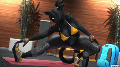 anthro backpack bamboo big_breasts black_body black_bottomwear black_clothing black_fur black_hair black_pants blue_hairband bottle bottomwear bra breasts brown_clothing brown_gloves brown_handwear clothing container female fingerless_gloves footwear fur gloves hair hair_over_eye handwear looking_at_viewer one_eye_obstructed pants ponytail shoes sneakers solo stretching stretching_legs tight_clothing underwear yellow_bra yellow_clothing yellow_eyes yellow_underwear conditional_dnp domi3d mimi_(domibun) felid feline mammal pantherine 16:9 2022 3d_(artwork) 4k absurd_res digital_media_(artwork) hi_res source_filmmaker_(artwork) widescreen