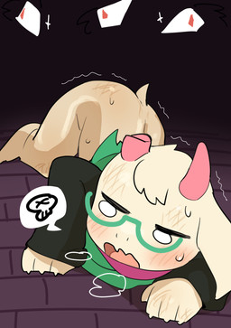 2_horns 4_fingers ambiguous_anthro ambiguous_gender anthro biped black_clothing black_eyebrows black_robe blush bodily_fluids bottomless bottomless_ambiguous bottomless_anthro breath broken_horn claws clothed clothed_ambiguous clothed_anthro clothing eyebrows eyewear finger_claws fingers floppy_ears fur glasses green_clothing green_eyewear green_glasses green_robe group horn lying multicolored_clothing multicolored_robe on_front open_mouth pink_horn pink_scarf red_eyes robe scarf scut_tail short_tail skull_symbol speech_bubble sweat sweaty_body tail teeth two_tone_robe wearing_glasses white_body white_eyes white_face white_fur white_tail young young_ambiguous young_anthro rinrin_(pixiv) deltarune undertale_(series) ralsei bovid caprine darkner goat mammal swatchling 2025 digital_media_(artwork) hi_res male_(lore)
