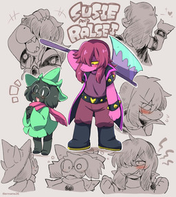 anthro axe biped black_body black_fur blush clothed clothing duo eyewear female fur glasses hair heart_symbol laugh male melee_weapon scarf simple_background smile weapon yellow_sclera eromame deltarune undertale_(series) ralsei susie_(deltarune) bovid caprine darkner goat mammal reptile scalie 2018 digital_media_(artwork)