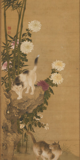ambiguous_feral ambiguous_gender bamboo bamboo_tree chrysanthemum detailed_background digitigrade duo feral flower fur grass leaf looking_at_another looking_back looking_back_at_another paws plant pupils quadruped rock slit_pupils standing tail tree whiskers yellow_sclera shen_quan public_domain domestic_cat felid feline felis mammal 18th_century absurd_res ancient_art hi_res painting_(artwork) traditional_media_(artwork) traditional_painting_(artwork)