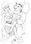 anthro barefoot blush bra clothed clothing duo elderly elderly_female eyes_closed eyewear feet female footwear glasses lingerie male male/female mature_anthro mature_female navel nipple_outline open_mouth shoes underwear undressing asthexiancal disney talespin mrs._snarly shere_khan bengal_tiger felid mammal pantherine tiger 2010 monochrome