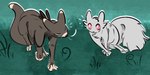 ambiguous_gender black_nose blue_eyes duo feral fluffy frill_(anatomy) fur grey_body markings pink_nose plant red_eyes simple_background standing tan_markings whiskers white_body kayw2324 rain_world videocult dust_(kayw2324) fan_character slugcat slugpup_(rainworld) hi_res