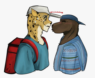 anthro backpack blue_clothing blue_shirt blue_topwear blush blush_lines brown_body brown_fur clothed clothing doordash_cheetah_(goat) duo eyes_closed fur hat headgear headwear kissing male male/male markings shirt spots spotted_body spotted_fur topwear yellow_body yellow_fur yellow_sclera oguuxi goat_(movie) sony_corporation sony_pictures daryl_(goat) unnamed_character capybara caviid cheetah felid feline mammal rodent 2026 digital_media_(artwork) hi_res