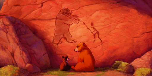 age_difference anthro black_nose brown_body brown_fur cave_painting claws cotton_tail duo feral frowning_at_another fur male melee_weapon older_feral older_male polearm sitting spear tail wall_painting weapon young young_anthro young_feral young_male younger_male mandrawsdog brother_bear disney kenai_(brother_bear) koda_(brother_bear) bear brown_bear grizzly_bear mammal ursine 2023 hi_res