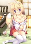 absolute_territory aburaage alcohol asian_clothing bare_shoulders beverage blonde_hair blush bottle bottomwear breasts chair cleavage clothed clothing container east_asian_clothing female fox_tail furniture hair japanese_clothing legwear long_hair looking_at_viewer on_ground purple_eyes sake sitting skirt solo thigh_highs white_clothing white_legwear taiki_ken animal_humanoid canid canid_humanoid canine canine_humanoid fox fox_humanoid humanoid mammal mammal_humanoid hi_res