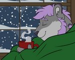 anthro beard bedding blanket comfy cozy eyebrows eyes_closed facial_hair fur grey_body grey_fur hair holidays inside male purple_hair smile snow solo window winter palehorntea christmas ja'aran_(sona) felid mammal pantherine snow_leopard 5:4