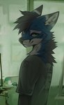 anthro black_body black_fur blue_body blue_fur clothing detailed_background floppy_ears fur green_eyes hair inner_ear_fluff lidded_eyes looking_at_viewer male multicolored_body multicolored_fur shirt smile solo topwear tuft white_body white_fur angiewolf canid canine canis mammal wolf 2022