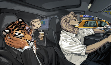 anthro beverage black_body black_bottomwear black_clothing black_ears black_fur black_pants black_topwear bottomwear bubble_tea car clothed clothing driving driving_car female fully_clothed fur group hair holding_steering_wheel inside_car inside_vehicle male mane mane_hair multicolored_body multicolored_fur orange_body orange_fingers orange_fur orange_hands pants steering_wheel tan_body tan_ears tan_fur tan_hair topwear trio vehicle white_body white_clothing white_fur white_topwear lljh felid lion mammal pantherine tiger 2025 hi_res