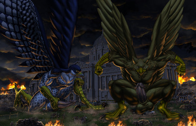 4_toes abs anthro balls beak biceps biped brown_body brown_fur building building_destruction city city_background city_crushing city_destruction claws crush destruction detailed_background duo erection feathered_wings feathers feet finger_claws fingers fire fur genitals house humanoid_genitalia macro macro_anthro macro_male male masturbation military muscular muscular_anthro muscular_male night nude outside paws pecs penile penile_masturbation penis rampage sky soldier tail toe_claws toes vehicle vehicle_destruction warrior white_body wings kain3 mythology carpo corvidius_(character) avian bird falcon falconid gryphon mythological_avian mythological_creature hi_res
