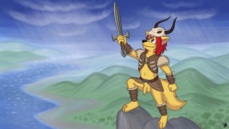 anthro balls bone bottomwear casual_exposure clothing feet fingers flaccid foreskin fur genitals hair holding_melee_weapon holding_object holding_sword holding_weapon humanoid_genitalia humanoid_penis male melee_weapon outside penis skull skull_accessory smile solo spread_legs spreading standing sword tail toes topwear tribal tribal_clothing unretracted_foreskin weapon omatic canid canine fox mammal 16:9 digital_media_(artwork) hi_res widescreen