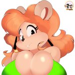 anthro big_breasts black_eyes breasts brown_body brown_fur bulging_breasts cleavage cleavage_overflow clothed clothing dialogue ear_piercing ear_ring eyelashes female fur hair huge_breasts long_hair looking_at_viewer orange_hair piercing ring_piercing simple_background solo talking_to_viewer text white_background inkit89 tiny_toon_adventures warner_brothers julie_bruin bear brown_bear mammal ursine 1:1 2023 digital_drawing_(artwork) digital_media_(artwork) english_text hi_res watermark