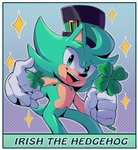 anthro border clothing clover_(plant) clover_leaf four_leaf_clover fur gloves green_body green_eyes green_fur handwear hat headgear headwear holding_object holidays leaf male open_mouth open_smile pattern_background plant simple_background smile solo sparkles striped_background text top_hat white_border sonicaimblu19 sega sonic_the_hedgehog_(series) st._patrick's_day fan_character irish_the_hedgehog eulipotyphlan hedgehog mammal 2020 character_name digital_media_(artwork) english_text hi_res