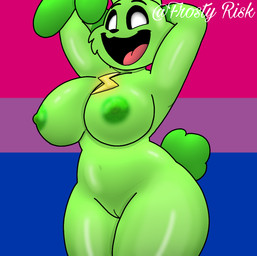 anthro areola big_breasts big_ears biped bisexual_pride_colors breasts female female_anthro fluffy fluffy_tail fur genitals glistening glistening_body green_body green_fur hands_behind_head innie_vulva lgbt_pride lightning_bolt nipples pride_color_background pride_color_flag pride_colors simple_background smile solo tail vulva frosty_risk lgbt_pride_month mob_entertainment poppy_playtime smiling_critters hoppy_hopscotch critters_(poppy_playtime) lagomorph leporid mammal rabbit