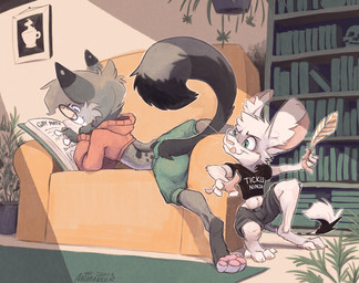 4_toes 5_fingers ambiguous_anthro ambiguous_gender anthro back_markings barefoot big_ears biped black_clothing black_ear_tips black_eyebrows black_eyewear black_glasses black_markings black_shirt black_spots black_t-shirt black_tail black_tail_tip black_tail_tuft black_text black_topwear black_tuft blue_eyes bone book bookshelf bottomwear cheek_tuft claws clothed clothed_ambiguous clothed_anthro clothed_male clothing countershade_face countershade_fur countershade_tail countershade_torso countershading cropped_hoodie crouching digitigrade dipstick_ears dipstick_fingers dipstick_tail dipstick_toes duo ear_markings eyebrows eyewear facial_tuft feet femboy fingerless_(marking) fingers footwear fully_clothed fully_clothed_ambiguous fully_clothed_anthro fully_clothed_male fur fur_markings fur_tuft furgonomic_bottomwear furgonomic_shorts furgonomics furniture glasses green_bottomwear green_clothing green_eyes green_shorts grey_body grey_bottomwear grey_clothing grey_countershading grey_ears grey_fur grey_markings grey_shorts grey_tail grey_text grey_tuft head_tuft hindpaw holding_feather holding_object hood hood_down hoodie humanoid_hands imminent_tickling inner_ear_fluff inside iris larger_male long_tail looking_at_another looking_at_book looking_at_object loose_feather lying lying_on_sofa male male_anthro markings midriff mischievous mischievous_smile multicolored_body multicolored_ears multicolored_fur multicolored_tail navel on_front on_sofa open_book orange_clothing orange_hoodie orange_topwear pawpads paws pink_inner_ear pink_nose pink_pawpads pink_tongue reading reading_book round_glasses shirt shorts size_difference skull slim slim_ambiguous slim_anthro slim_male smaller_ambiguous smile snout socks sofa spots spotted_markings t-shirt tail tail_clothing tail_markings tail_tuft text text_on_clothing text_on_shirt text_on_t-shirt text_on_topwear toeless_(marking) toeless_footwear toeless_socks toes tongue tongue_out topwear tuft wearing_glasses white_body white_claws white_countershading white_ears white_fingers white_fur white_inner_ear_fluff white_sclera white_tail white_tail_tuft white_text white_toes white_tuft animancer luck_(animancer) nixuelle dipodid domestic_cat egyptian_mau felid feline felis jerboa mammal rodent 2026 artist_name dated digital_media_(artwork) english_description english_text hi_res shaded female_(lore)