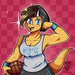 anthro athletic athletic_anthro athletic_female basketball biceps biped blue_eyes breasts brown_hair clothed clothed_anthro clothed_female clothing eyelashes facial_horn female fingers fist front_view hair happy holding_basketball horn humanoid_hands logo looking_at_viewer medium_breasts non-mammal_breasts open_mouth open_smile orange_body orange_scales outline pattern_background scales shirt short_hair simple_background smile solo standing tail tank_top topwear white_clothing white_outline white_shirt white_tank_top white_topwear wristband by:_muun cavemanon_studios hold_onto_mi snoot_game mimi_(hold_onto_mi) ceratopsian dinosaur ornithischian prehistoric_species reptile scalie triceratops 1:1 2024 absurd_res artist_logo artist_name colored half-length_portrait hi_res portrait watermark