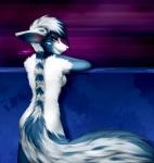 anthro biped blue_body blue_fur blue_hair breasts canid canine fangs female fennec_fox floppy_ears fluffy fluffy_tail fox fur hair looking_at_viewer looking_back mammal multicolored_hair nude otania pacmancorp pink_nose purple_background red_eyes side_boob simple_background solo standing tail teeth true_fox two_tone_hair white_body white_fur white_hair