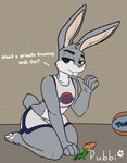 anthro buckteeth clothed clothing countershading femboy fur grey_body hair looking_at_viewer male simple_background smile solo teeth text pubbipaws looney_tunes warner_brothers bugs_bunny lagomorph leporid mammal rabbit digital_media_(artwork) hi_res