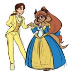 anthro barefoot beast_(disney) beauty_and_the_beast belle_(beauty_and_the_beast) blush clothed clothing crossgender disney duo eye_contact feet female ftm_crossgender gown hand_holding horn human looking_at_another male mammal monster mtf_crossgender simple_background smiling_at_each_other standing suit toes unknown_artist white_background