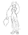 anthro breasts claws cleavage clothed clothing crossed_arms dress female finger_claws flustered footwear generation_5_pokemon hair high_heels jewelry long_hair long_legs looking_at_viewer necklace nintendo pokemon pokemon_(species) shoes solo toe_claws vulpixxeon zoroark
