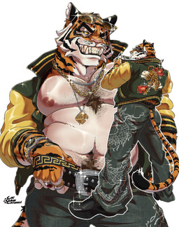 belt boots bottomwear clothing eyebrows eyewear fangs footwear fur jacket jewelry male navel necklace nipples pants pecs shoes simple_background solo striped_body striped_fur stripes sunglasses tail teeth topwear catclawcaramel epic_games fortnite oscar_(fortnite) felid mammal pantherine tiger hi_res