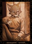 4_fingers anthro black_border border bottomwear clothed clothed_anthro clothed_male clothing collared_shirt eyebrows eyewear fingers fully_clothed fully_clothed_anthro fully_clothed_male fur glasses male male_anthro monotone_bottomwear monotone_clothing monotone_pants monotone_sweater monotone_topwear pants shirt sitting solo sweater text topwear wearing_glasses white_eyebrows 666calistaxx_(artist) lackadaisy mordecai_heller domestic_cat felid feline felis mammal 2023 character_name digital_drawing_(artwork) digital_media_(artwork) hi_res monochrome sepia