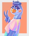 5_fingers anthro blue_hair blush clothed clothing feathers female fingers gesture grey_body hair hand_gesture looking_at_viewer shirt simple_background solo topwear v_sign redsmock beck avian bird columbid hybrid parrot pigeon absurd_res hi_res