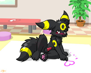 animal_genitalia animal_penis anthro balls black_body blush canine_genitalia canine_penis erection fur genitals heart_symbol inside knot male nude pawpads penis plant pokeball_symbol red_eyes shy sitting solo squiggle_mouth tail twotails nintendo pokemon eeveelution generation_2_pokemon pokemon_(species) umbreon absurd_res hi_res