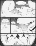 4:5 avian bird canid canine cherry_(s2-freak) comic dialogue duo english_text female feral fox greyscale hi_res imminent_vore macro mammal monochrome open_mouth s2-freak text tongue vore