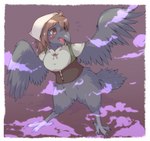 after_transformation anthro beak blush bodily_fluids brown_eyes brown_hair feathered_wings feathers feet female grey_body grey_feathers hair open_mouth simple_background solo standing talons tears toes wings shitsu_kushi-mono avian bird 2021