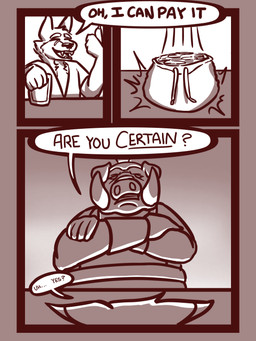 alcohol anthro beer beverage dialogue group male money simple_background simple_coloring text dungeonhound canid canine fox mammal suid suine sus_(pig) wild_boar 3:4 comic english_text hi_res monochrome
