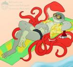 alcohol beach beverage bulge clothing eyewear feet green_body green_skin looking_at_viewer lying male on_back seaside solo speedo sunglasses swimwear tentacles nut-case jeremy_(tenpoundhammer) amphibian cephalopod coleoid decapodiform frog hybrid marine mollusk