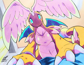anthro breasts claws dragoninite featureless_breasts female horn looking_at_viewer mega_stone nude orange_body solo unusual_wing_placement wings 025aki mythology nintendo pokemon pokemon_legends_z-a dragon generation_9_pokemon mega_dragonite mega_evolution mythological_creature mythological_scalie pokemon_(species) scalie absurd_res hi_res
