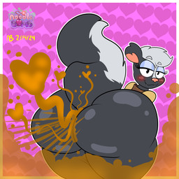 anthro bent_over big_butt black_body black_fur blush bottomless brown_fart_cloud butt clothed clothing eyeshadow fart fart_cloud fart_fetish fart_heart farting_at_viewer female fur hair half-closed_eyes heart_background heart_symbol huge_butt hyper hyper_butt logo looking_at_viewer looking_back makeup markings multicolored_body multicolored_fur narrowed_eyes pink_nose raised_tail simple_background smile solo standing striped_body striped_markings striped_tail stripes tail tail_markings text thick_thighs topwear white_body white_fur white_hair wide_hips noodlebomb45 chickenhare_and_the_hamster_of_darkness n_wave_pictures netflix meg_(chickenhare) mammal mephitid skunk 1:1 2024 artist_logo artist_name dated hi_res