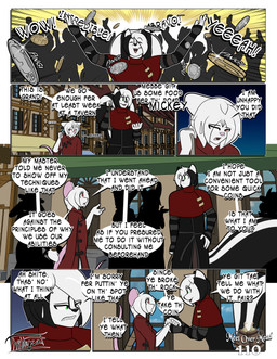 anthro arm_warmers armwear asian_clothing awning black_body black_fur black_hair bodily_fluids braided_hair braided_ponytail cheering chinese_clothing clothing coin dialogue duo east_asian_clothing fur green_eyes hair hand_on_hip male money ponytail red_eyes scarf silhouette sweat text white_body white_fur white_hair thibbycat mickey_(thibbycat) xin_(thibbycat) comic english_text hi_res
