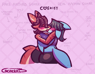anthro blue_body blush blush_lines breasts brown_body clothing countershading crop_top dark_hair duo elbow_fin eyebrow_through_hair eyebrows eyeliner female female/female fin french_kissing hair head_fin heart_symbol hug kissing leggings legwear makeup question_mark shark_tail shirt striped_body stripes text tongue topwear translucent translucent_hair winged_eyeliner cococrab aquatic fish shark 2026 aliasing digital_media_(artwork) english_text signature